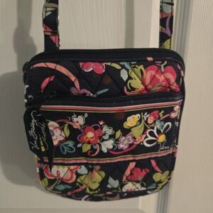 Vera Bradley Pink and Green Navy Crossbody Bag Quilted Fabric Floral Ribbons